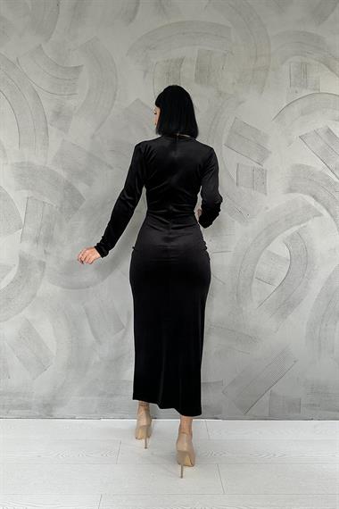 Toptan Siyah Kadife Dik Yaka Elbise