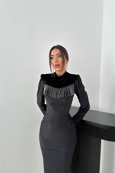 Toptan Siyah Kadife Işıltılı Elbise