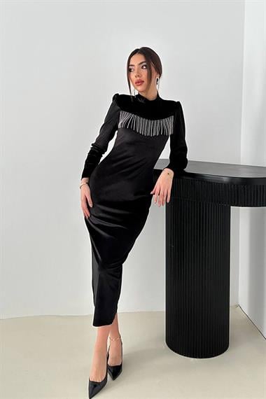 Toptan Siyah Kadife Işıltılı Elbise