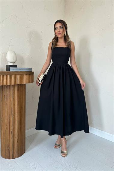 Toptan Siyah Kalın Keten Elbise