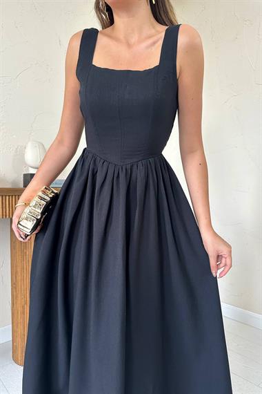 Toptan Siyah Kalın Keten Elbise