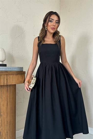 Toptan Siyah Kalın Keten Elbise