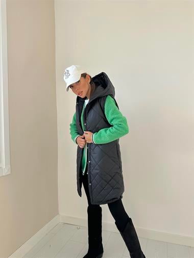 Toptan Siyah Kapitone Uzun Yelek