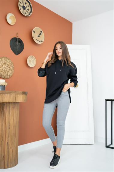 Wholesale Black Hooded Garni Detail Sweatshirt