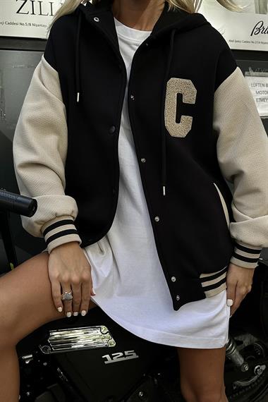 Toptan Siyah Kapüşonlu Kolej Mont