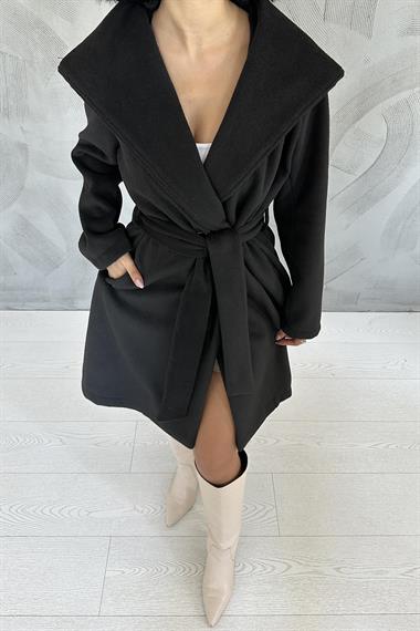 Toptan Siyah Kapüşonlu Kuşaklı Kaban