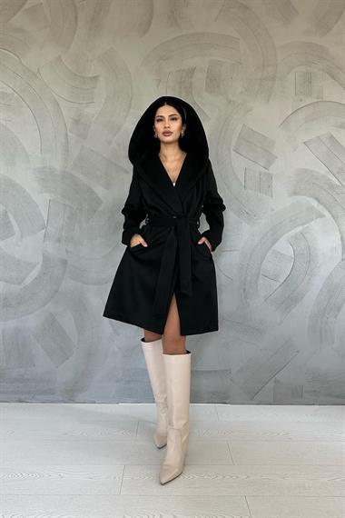 Toptan Siyah Kapüşonlu Kuşaklı Kaban