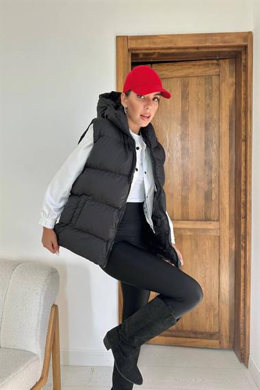 Toptan Siyah Kapüşonlu Şişme Yelek