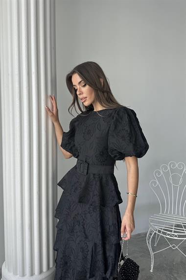 Toptan Siyah Kat Kat Balon Kollu Kemerli Elbise