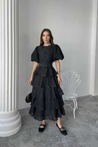 Toptan Siyah Kat Kat Balon Kollu Kemerli Elbise