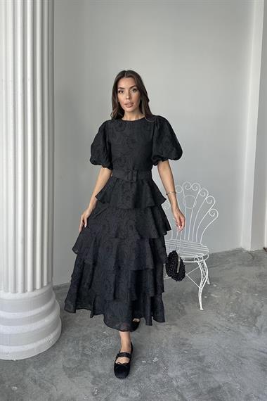 Toptan Siyah Kat Kat Balon Kollu Kemerli Elbise