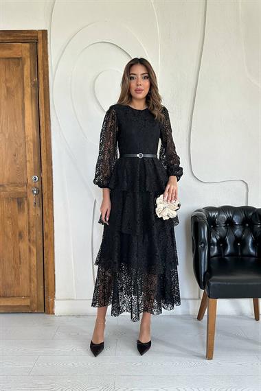 Toptan Siyah Kat Kat Dantelli Elbise