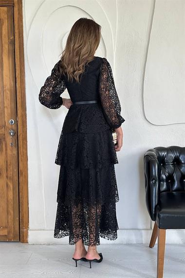 Toptan Siyah Kat Kat Dantelli Elbise