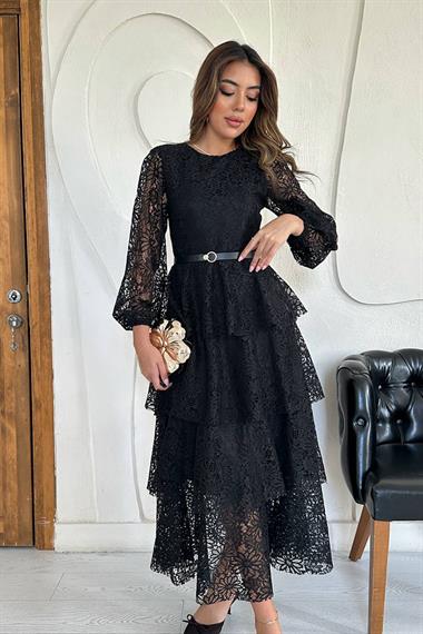 Toptan Siyah Kat Kat Dantelli Elbise