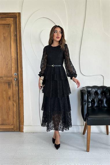 Toptan Siyah Kat Kat Dantelli Elbise