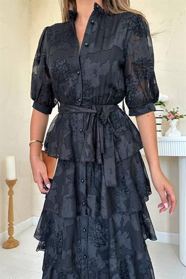 Toptan Siyah Kat Kat Desenli Elbise