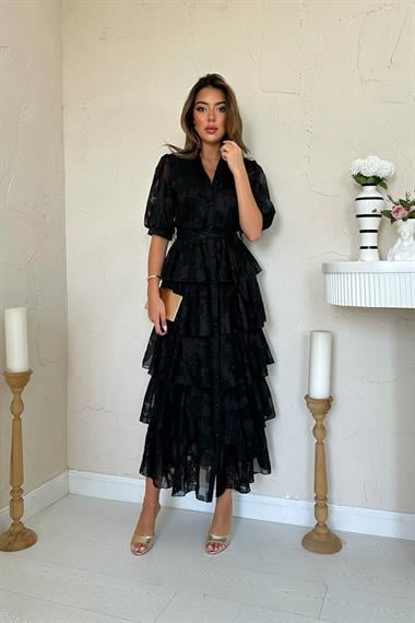 Toptan Siyah Kat Kat Desenli Elbise