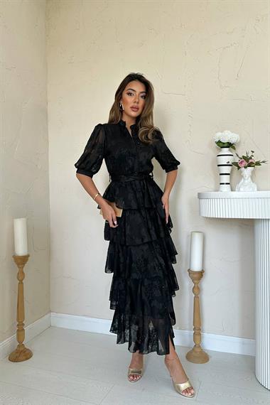 Toptan Siyah Kat Kat Desenli Elbise