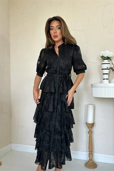 Toptan Siyah Kat Kat Desenli Elbise