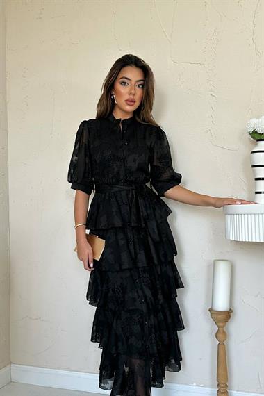 Toptan Siyah Kat Kat Desenli Elbise