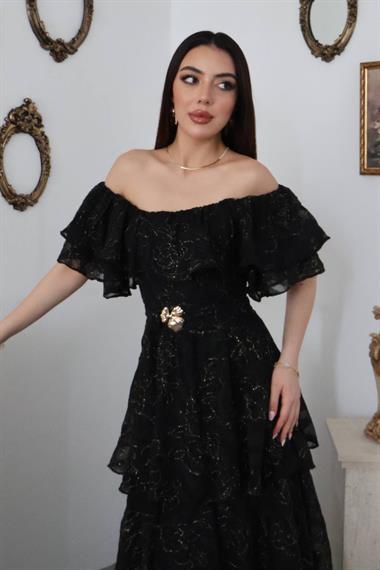 Toptan Siyah Kat Kat Fırfırlı Elbise