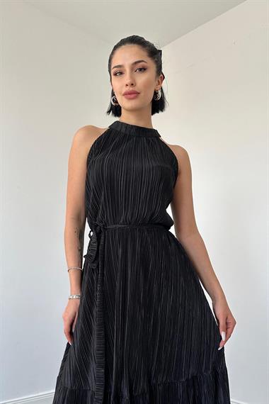 Toptan Siyah Kat Kat Halter Yaka Elbise