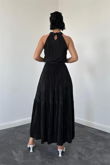 Toptan Siyah Kat Kat Halter Yaka Elbise