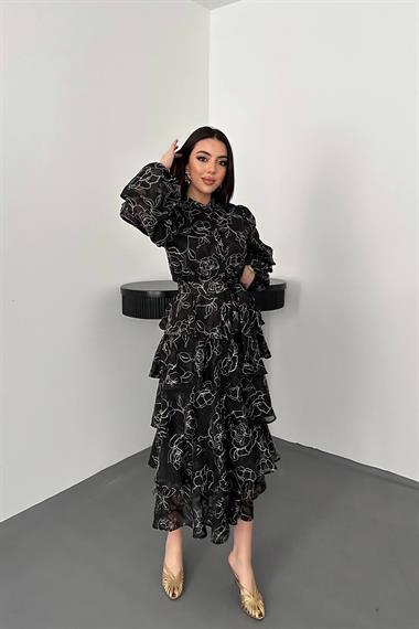 Toptan SİYAH Kat Kat Jakarlı Elbise