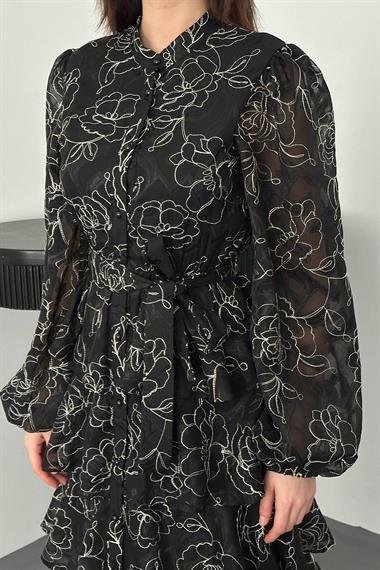 Toptan SİYAH Kat Kat Jakarlı Elbise