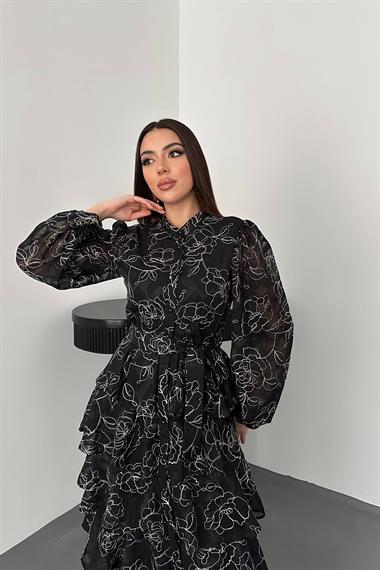 Toptan SİYAH Kat Kat Jakarlı Elbise