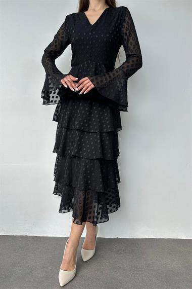 Toptan Siyah Kat Kat Puantiyeli Elbise