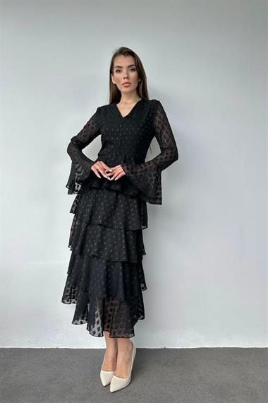 Toptan Siyah Kat Kat Puantiyeli Elbise