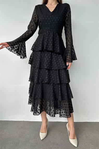 Toptan Siyah Kat Kat Puantiyeli Elbise