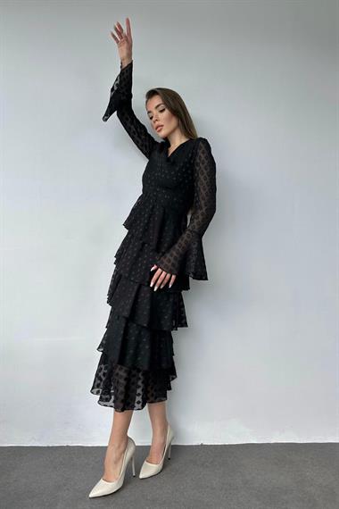 Toptan Siyah Kat Kat Puantiyeli Elbise