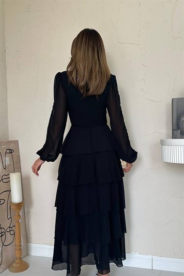 Toptan Siyah Kat Kat Şifon Elbise