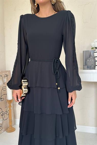 Toptan Siyah Kat Kat Şifon Elbise