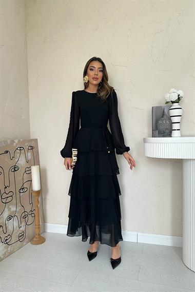 Toptan Siyah Kat Kat Şifon Elbise