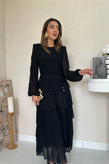 Toptan Siyah Kat Kat Şifon Elbise