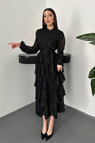 Toptan Siyah Kat Kat Volanlı Elbise