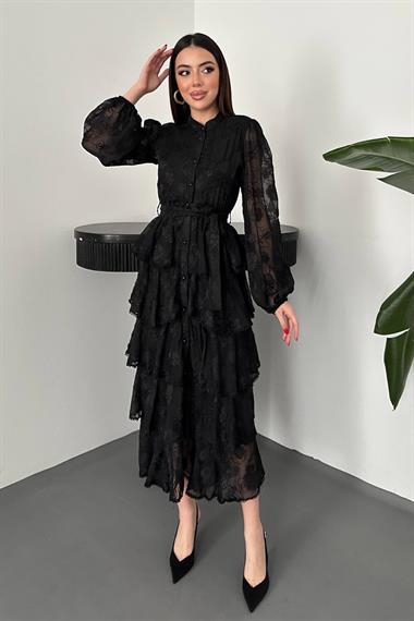 Toptan Siyah Kat Kat Volanlı Elbise