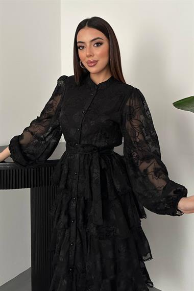 Toptan Siyah Kat Kat Volanlı Elbise