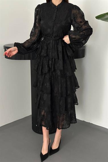 Toptan Siyah Kat Kat Volanlı Elbise