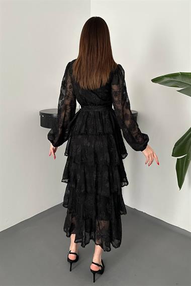 Toptan Siyah Kat Kat Volanlı Elbise