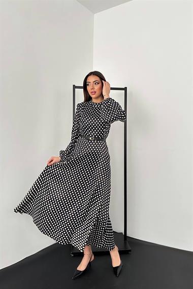 Toptan Siyah Kemer Detaylı Puantiyeli Elbise