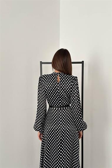 Toptan Siyah Kemer Detaylı Puantiyeli Elbise