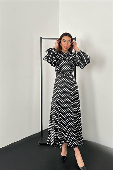 Toptan Siyah Kemer Detaylı Puantiyeli Elbise