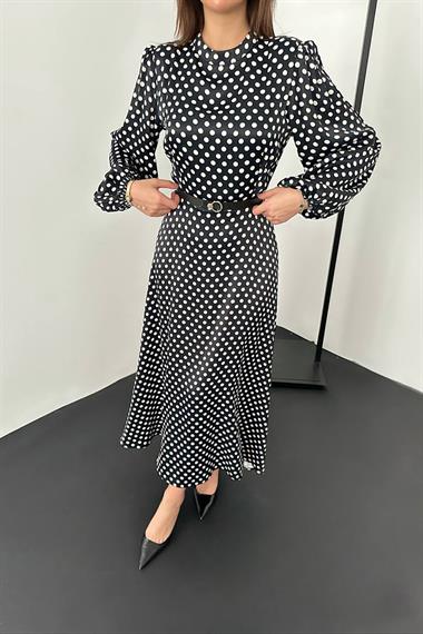 Toptan Siyah Kemer Detaylı Puantiyeli Elbise