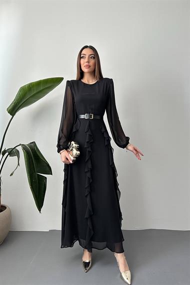 Toptan Siyah Kemerli Şifon Elbise