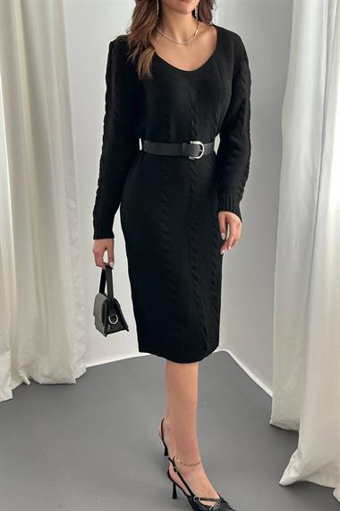 Toptan Siyah Kemerli Triko Elbise