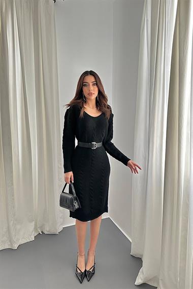 Toptan Siyah Kemerli Triko Elbise